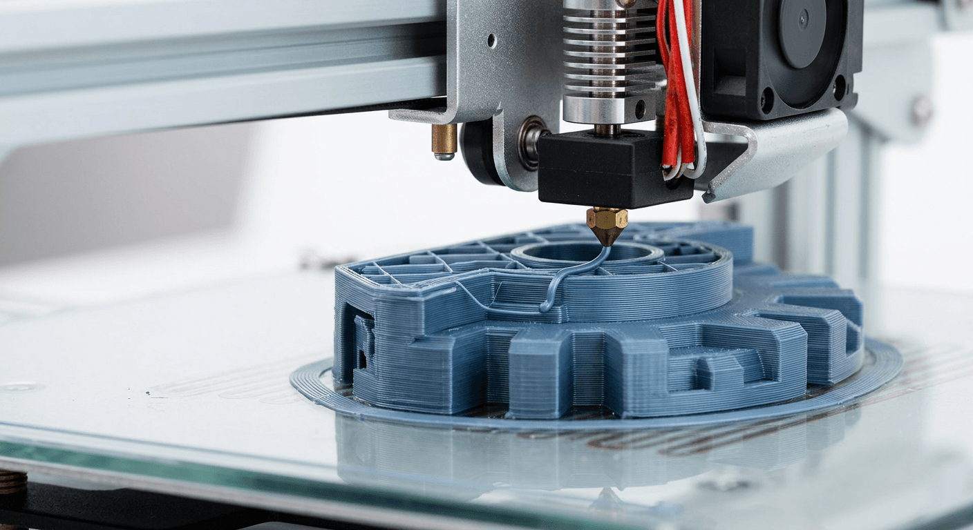 3D-Drucker-Düse druckt ein blaues Bauteil Schicht für Schicht