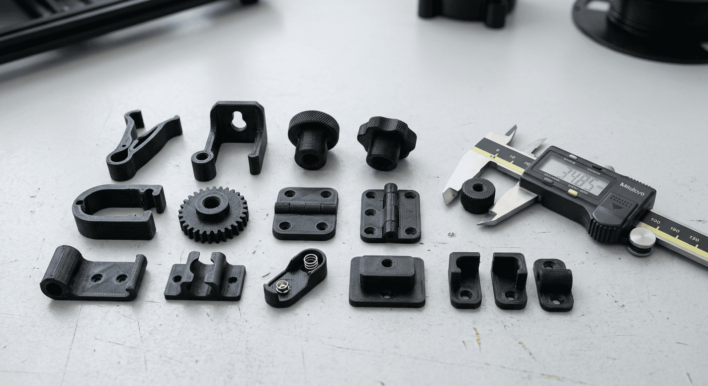 Schwarze 3D-gedruckte Ersatzteile neben einem Messschieber